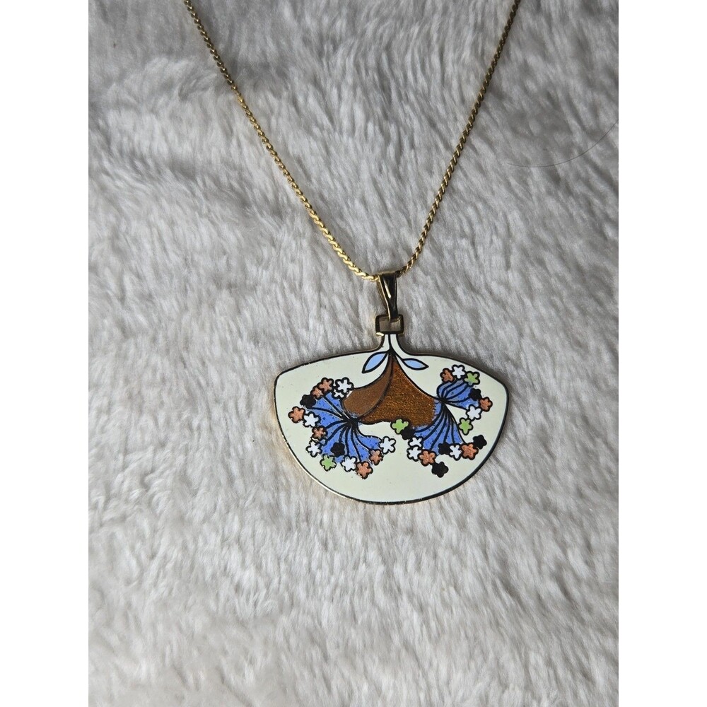 Vintage Chinese Cloisonné Fan Pendant Necklace, Boho Cottagecore Style